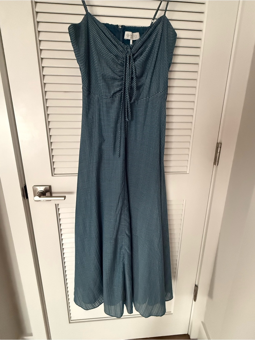 Wayf Teal-Blue Striped Midi Dress with Front Tie